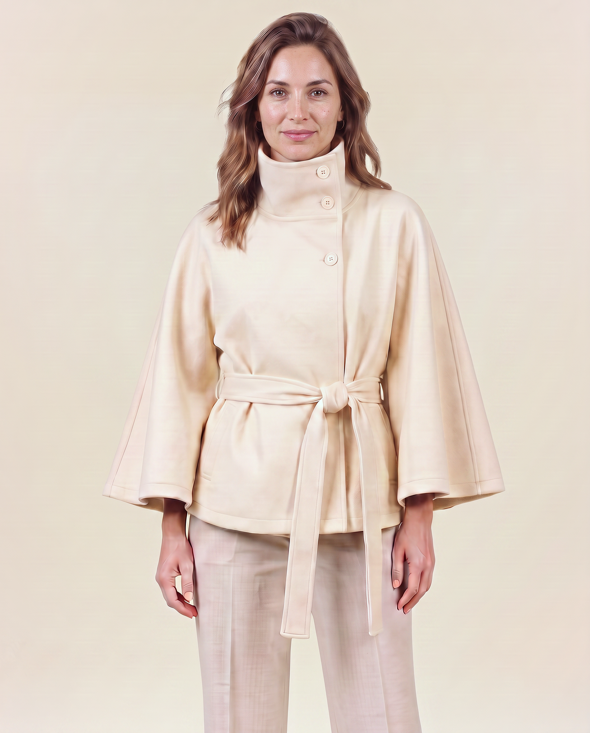 Manteau cape élégant pour femme VELENTI MODA en blanc cassé, à col haut et ceinture ajustable, vue de face.