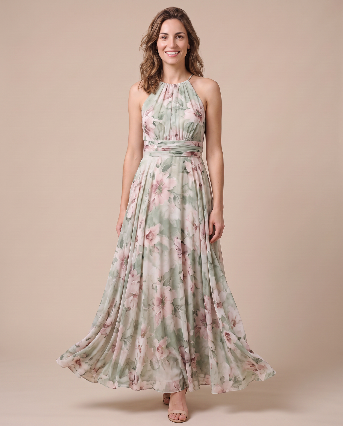 Robe longue fleurie pour femme à col licou, vue de face, imprimé floral vert sauge