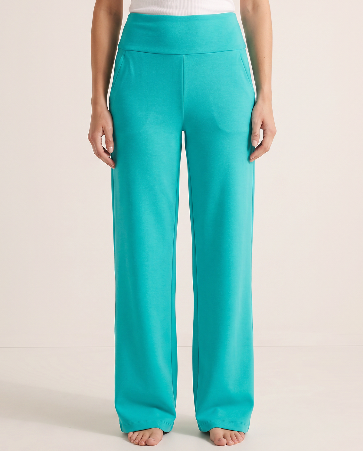 Pantalon taille haute à jambe large turquoise, vue de face