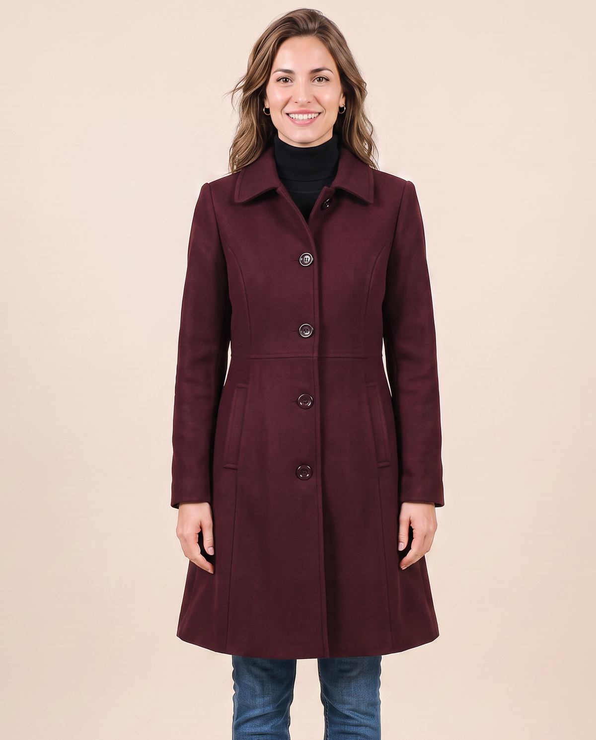 Manteau d'hiver cintré pour femme VELENTI MODA à simple boutonnage, coloris bordeaux, vue de face.