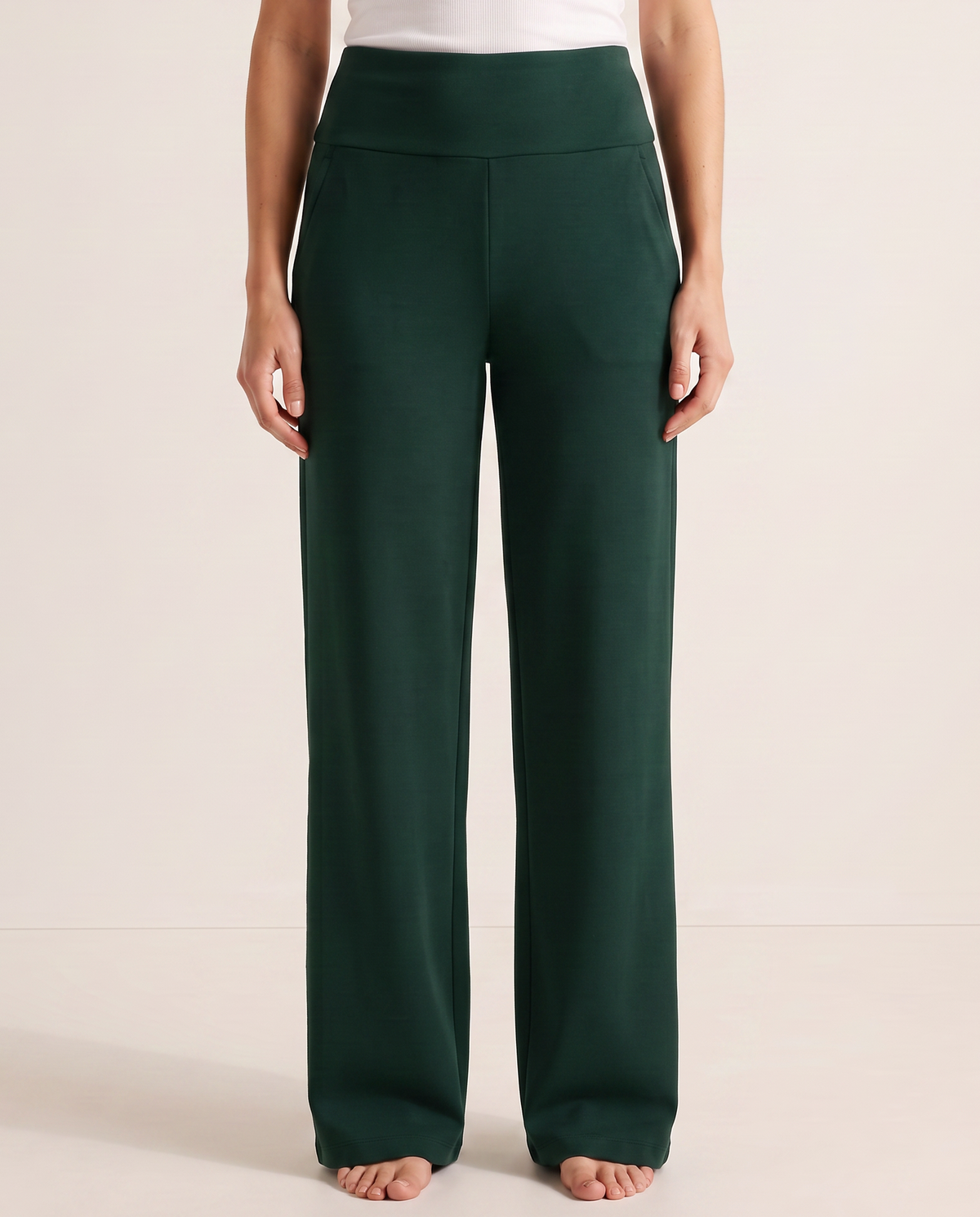 Pantalon taille haute à jambe large vert foncé, vue de face